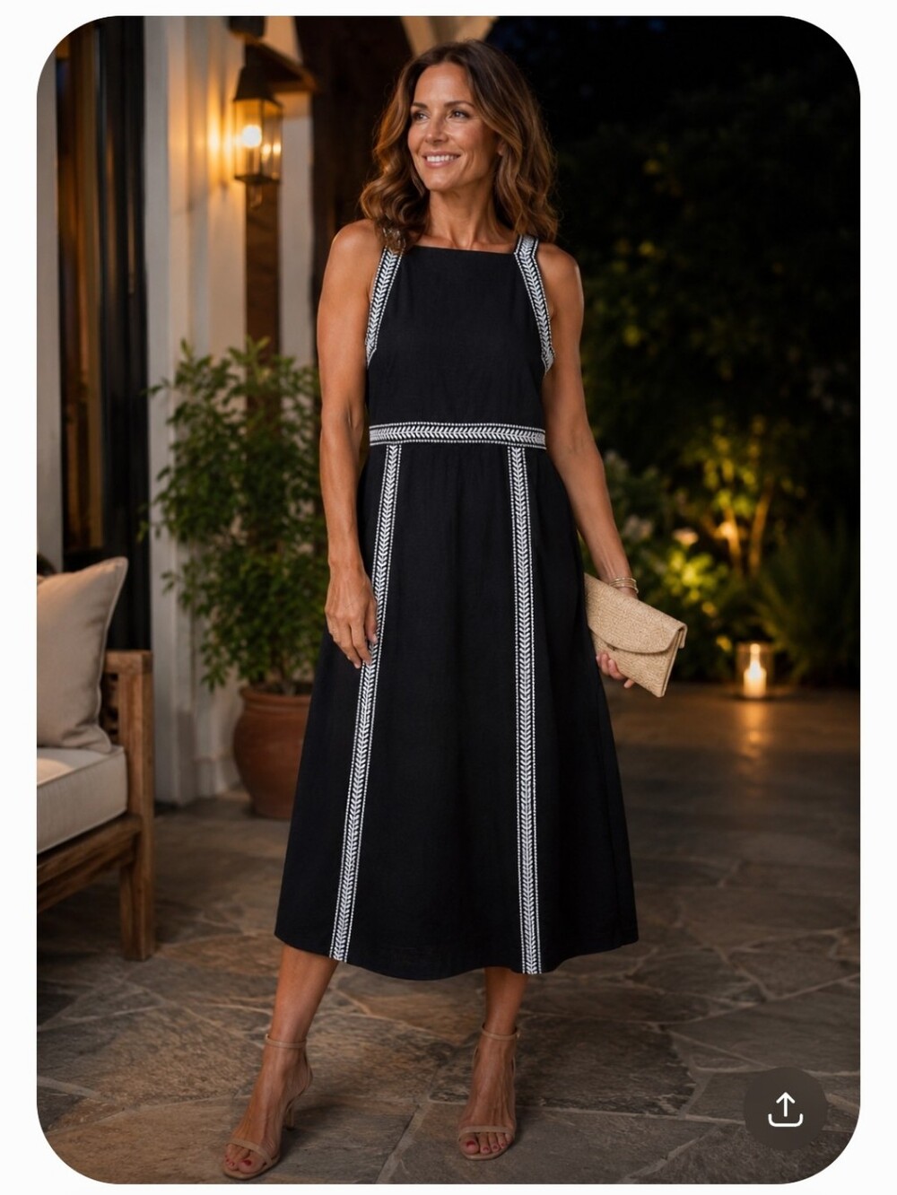Ann Taylor Black Linen Blend Midi Dress with White Embroidered Trim. Size 6
